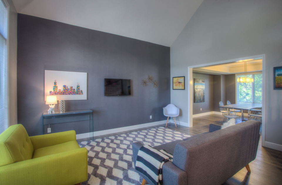 Open living and dining area with a grey feature wall